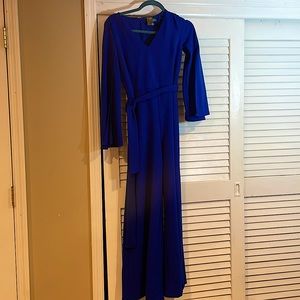 Blue retro wide leg jumpsuit with belt and bell sleeves by Taylor